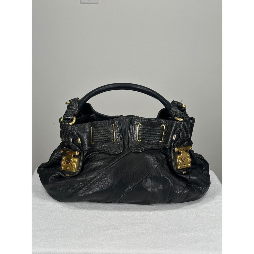 Juicy Couture Black Leather Lock Satchel Hobo Bag Gold Tone Hardware